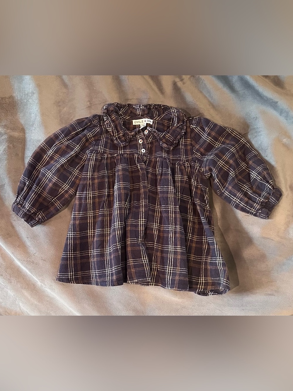 Emile et Ida Girls' Navy Plaid Long-Sleeve Peasant Top